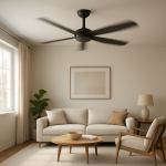 Ceiling fan slightly tilted, blades blurred, modern living room calm