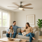 Spinning ceiling fan overhead in modern living room, family nearby
