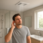 Ceiling bathroom exhaust fan on, person covering ear nearby