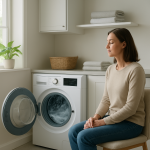 Front-loading washing machine filling as homeowner listens, calm modern laundry room