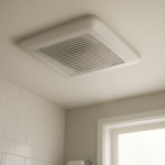 Ceiling bathroom exhaust fan with subtle motion blur, tidy bathroom.