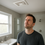 Ceiling bathroom exhaust fan visible, occupant looking up annoyed