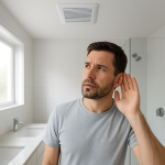 Ceiling bathroom exhaust fan running, homeowner listening, hand to ear