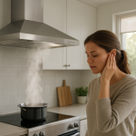 Modern range hood operating while homeowner covers ear in kitchen