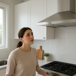Modern stainless steel range hood in kitchen, person glancing up