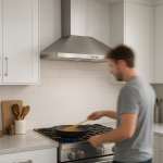 Stainless range hood above stove, person cooking notices slight vibration