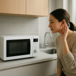 Modern microwave on counter, person pausing to listen attentively