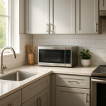 Stainless microwave on countertop, door closed, calm kitchen scene
