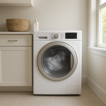 Front-load washing machine gently humming while running in bright laundry room