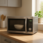Modern microwave on clean countertop with a bowl inside, sunlight