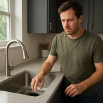 Modern kitchen sink with garbage disposal; homeowner pausing, listening