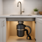 Clean kitchen sink with assembled garbage disposal, slight vibration visible
