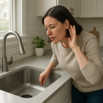 Modern kitchen sink with garbage disposal flange, person listening nearby