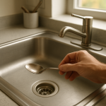 Modern kitchen sink with person pausing, spoon near drain.