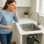 Modern sink with garbage disposal and slight standing water