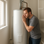 Modern water heater in utility closet, homeowner listening nearby
