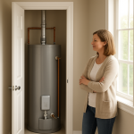 Modern water heater in utility closet, homeowner pausing and listening