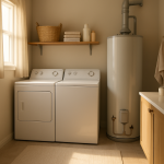 Modern water heater in clean laundry room with sunlight