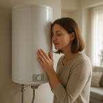 White water heater in utility closet, person listening closely