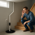 Assembled sump pump in clean basement; homeowner cupping ear