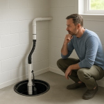 Sump pump installed in tidy basement corner with homeowner listening