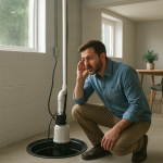 Assembled sump pump in clean basement; homeowner listening during rainfall.