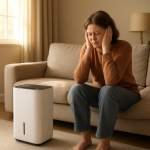 White dehumidifier near sofa; occupant slightly covering ear