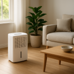 White dehumidifier on hardwood floor near sofa in sunlight