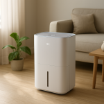 White dehumidifier on hardwood floor with slightly tilted plant.