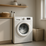 Front-load washing machine slightly vibrating in bright modern laundry room