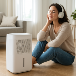 Small dehumidifier running on hardwood floor as person attentively listens