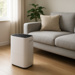 Dehumidifier on hardwood floor near couch, subtle vibration visible