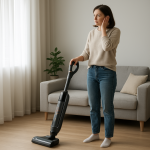 Upright vacuum in tidy living room, person pausing to listen