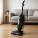 Upright vacuum on hardwood near sofa, subtle motion blur