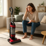 Upright vacuum paused on living room rug; owner listening, concerned.