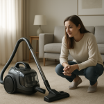 Sleek upright vacuum on hardwood floor as homeowner listens nearby