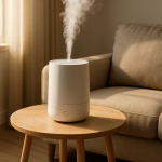 Ultrasonic humidifier on side table with slight surface ripple