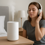 Compact humidifier on nightstand, person listening, calm morning light.
