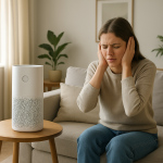 Air purifier on table with person covering ear, calm living room