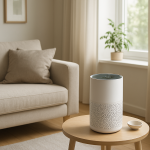 Assembled air purifier on side table in sunlit living room