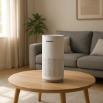 Assembled air purifier on table in living room subtly vibrating