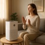 Sleek white air purifier on table with person listening nearby