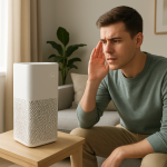 Air purifier on table, person pausing and listening attentively