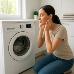Front-loading washing machine in modern laundry room, person listening nearby.