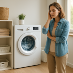 Front-loading washing machine running in tidy modern laundry with homeowner listening