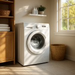 Front-load washing machine on tiled floor slightly vibrating in bright laundry room