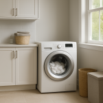 Front-load washing machine sitting idle in bright modern laundry room