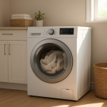 Front-load washing machine, towels unevenly settled inside, calm laundry.