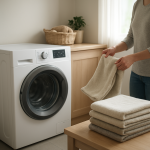 Front-load washing machine slightly vibrating as person folds nearby laundry