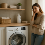 Front-load washing machine in modern laundry, homeowner listening nearby